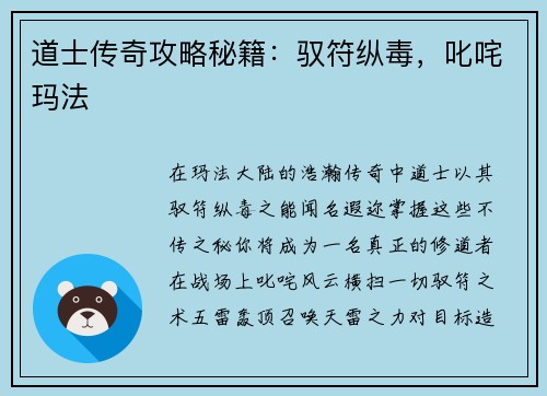 道士传奇攻略秘籍：驭符纵毒，叱咤玛法
